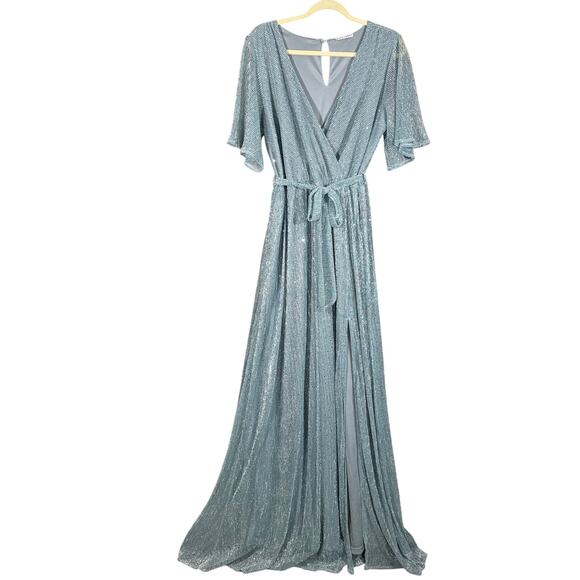 Baltic Born Grace Dress Light Blue Sequins Maxi Gown Belted Flutter Sleeves - Picture 2 of 14